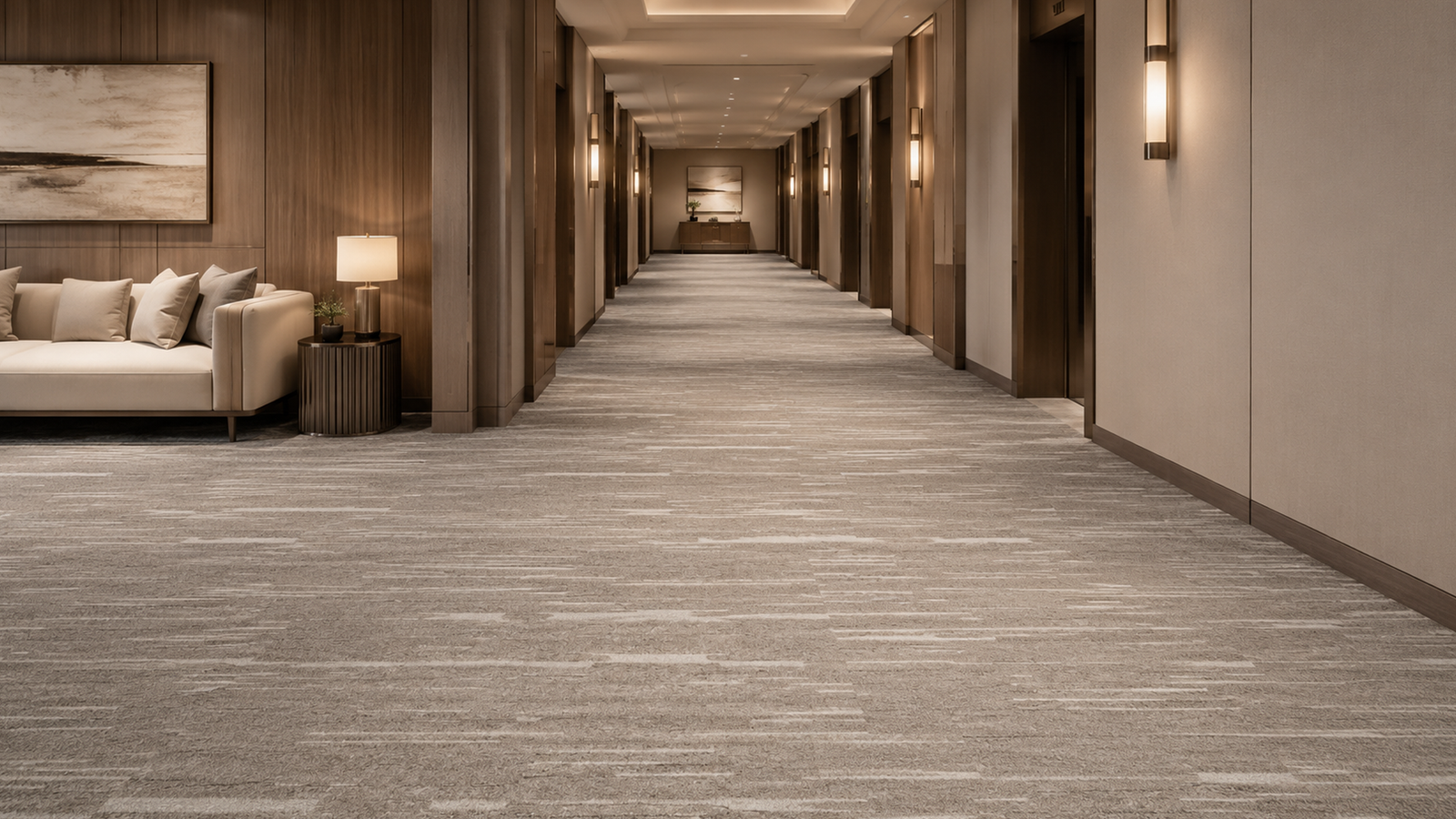 A hotel corridor with patterned broadloom carpet running its full length
