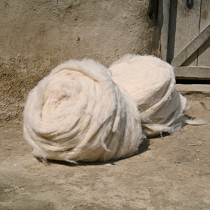 Bundles of raw combed wool resting on the ground