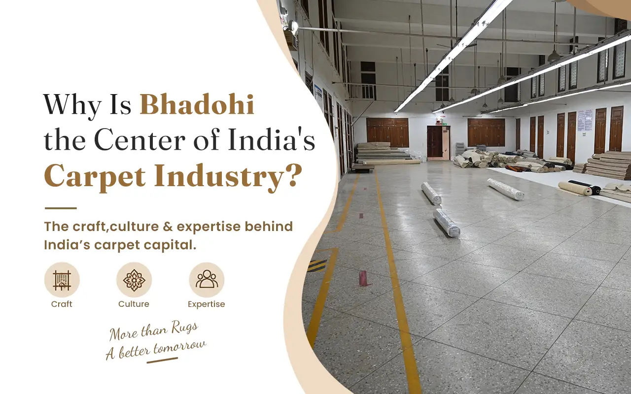 Carpet manufacturing facility in Bhadohi, India, highlighting the region’s rug-making craft and expertise